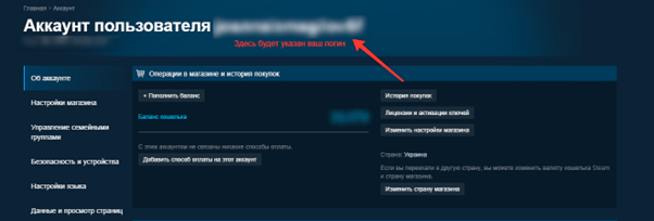 Логин Steam на странице «Об аккаунте»