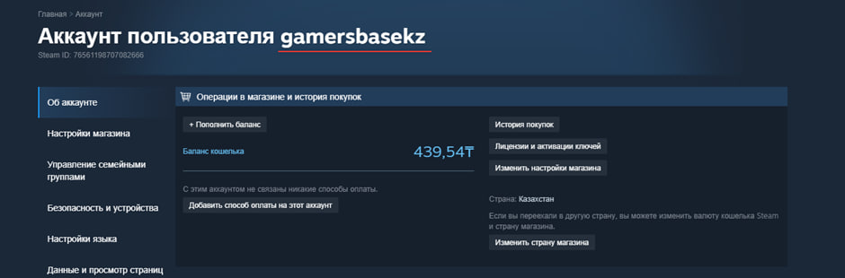 Логин на странице информации об аккаунте Steam