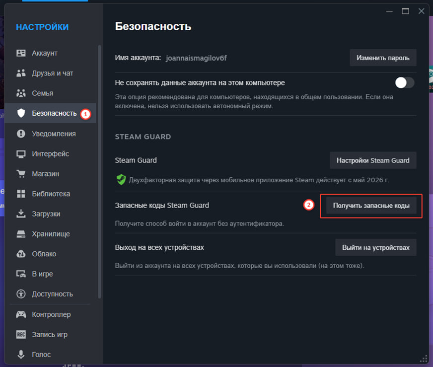 Настройки безопасности Steam с кнопкой получения запасных кодов