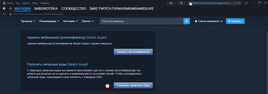 Страница получения запасных кодов Steam Guard